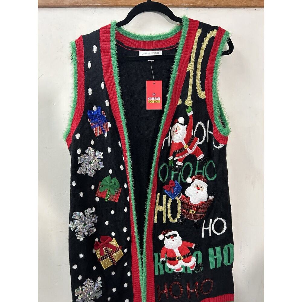 Celebrate Together Christmas Ugly Sweater Button Down Vest‎ Sz L Santa Presents